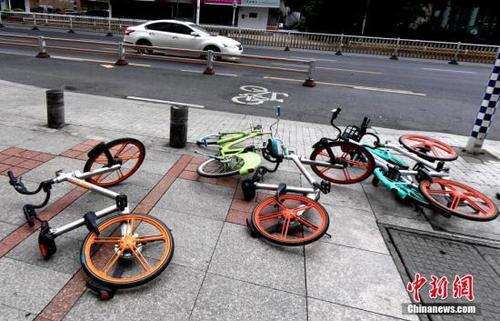 台风刮倒一地的共享单车随处可见。<a target='_blank' href='http://www.chinanews.com/'>中新社</a>记者 刘可耕 摄