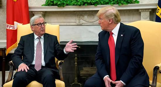 ▲7月25日，美国总统特朗普在白宫会见来访的欧盟委员会主席容克。（路透社）