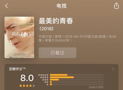 手机截图:《最美的青春》豆瓣评分8分 点击进入下一页