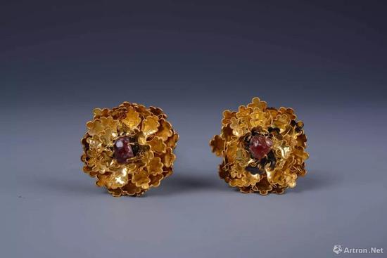 明代金镶宝石牡丹花头银脚簪