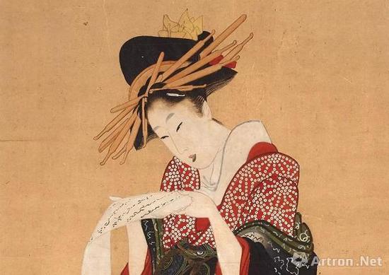 《艺妓读信》局部，喜多川歌麿  （？-1806），彩色木刻版画，约1805—1806年