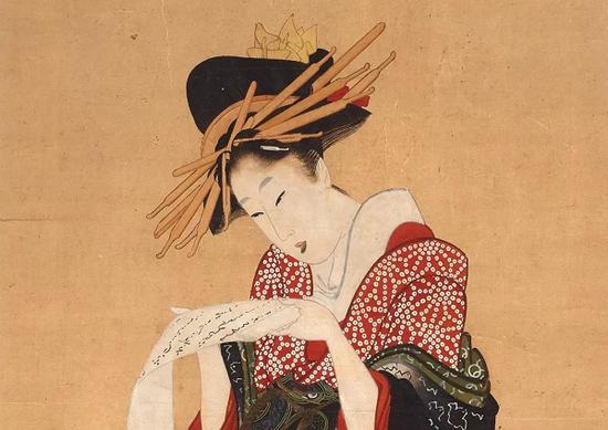 《艺妓读信》局部，喜多川歌麿  (?-1806)，彩色木刻版画，约1805—1806年