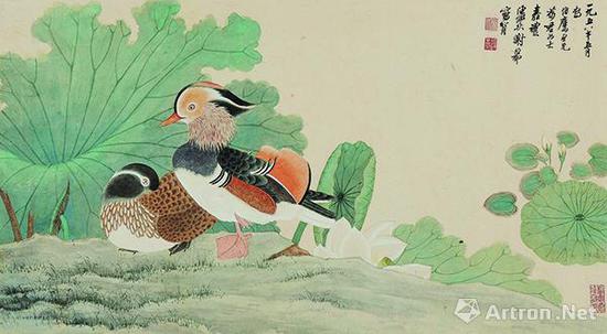 谢稚柳陈佩秋1958年作《鸳鸯嘉藕图》，成交价437万元，北京保利2013春拍