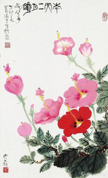 萧淑芳吴作人1987年合作《南天二月花》，成交价33.35万元，北京保利2018春拍