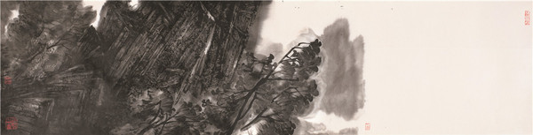 43·岩间竞秀 纸本水墨 34×138厘米 2017 43·岩间竞秀 纸本水墨 34×138厘米 2017