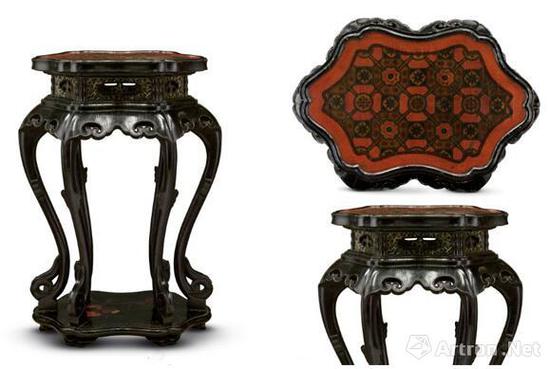 明黑漆嵌螺钿荷叶式六足香几