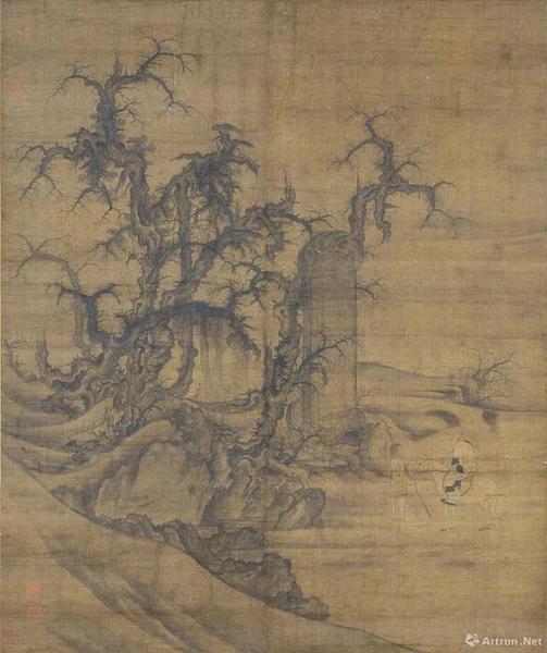 （传）宋李成·王晓，《读碑窠石图》轴，日本大阪市立美术馆藏