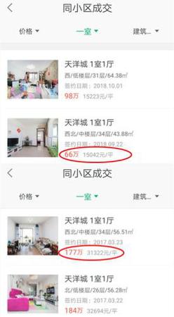 与2017年3月相比，燕郊天洋城房价已经“腰斩”。图片来源：链家APP截图