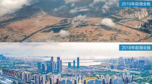 △在前海石公园的前海开发开放成果展示墙上，这张八年间的对比图异常醒目。（央视记者谢晓光拍摄）