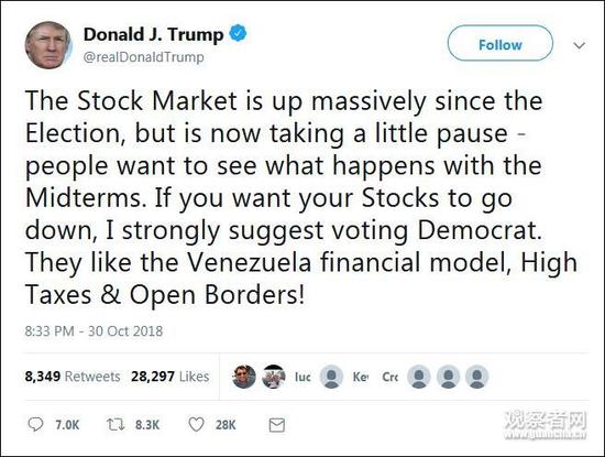 点击查看大图 特朗普发推警告选民慎重:如果想股票跌就投民主党