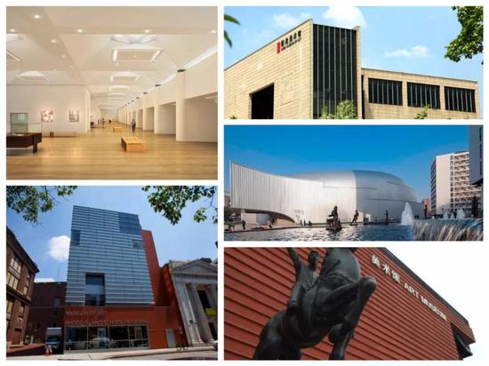 部分参加论坛的艺术博物馆外景（自左至右依次为清华大学艺术博物馆、罗德岛设计学院美术馆、湖北美术馆、南京艺术学院美术馆、广州美术学院美术馆）