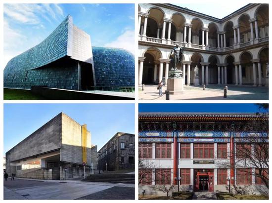 部分参加论坛的艺术博物馆外景（自左至右依次为中央美术学院美术馆、中国美术学院国际艺术设计博物馆、布雷拉美术馆、北京大学赛克勒考古与艺术博物馆）