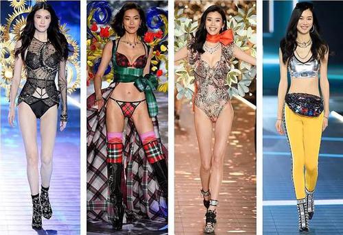 今年维密秀上的中国超模刘雯、何穗、奚梦瑶、陈瑜（图片来源：视觉中国）