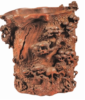 明朱鹤异形高浮雕竹笔筒，南京博物院藏_b