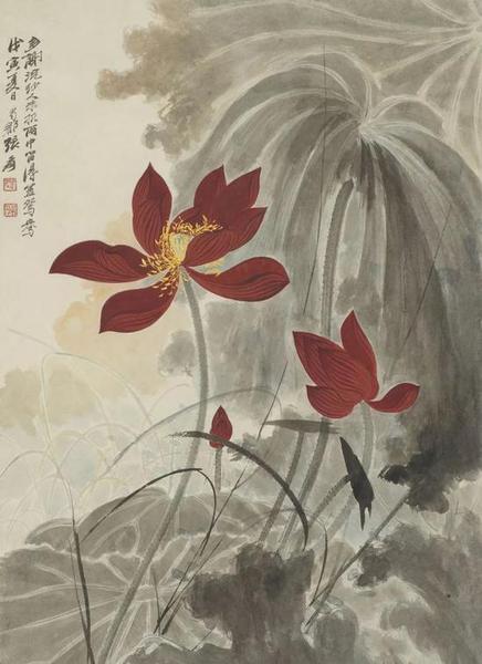 张大千 荷花鸳鸯(局部)