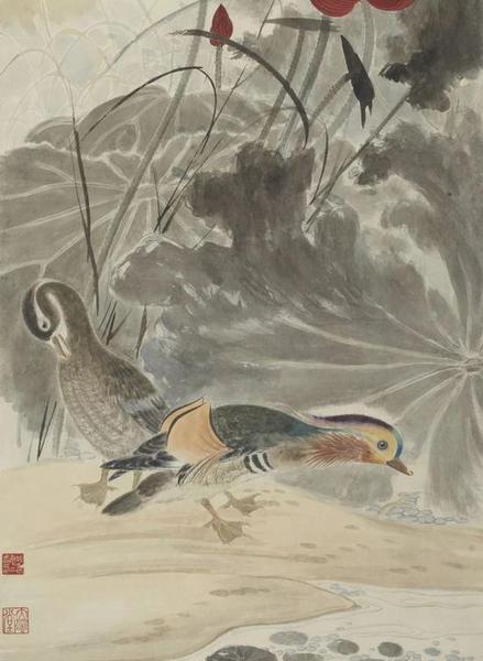 张大千 荷花鸳鸯(局部)