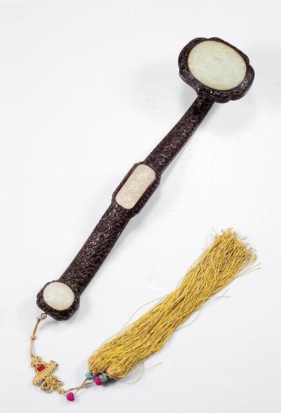 清中期?紫檀雕暗八仙嵌白玉龙纹三镶如意