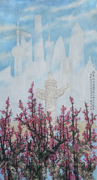 全国政协委员、著名书画家董希源为庆祝改革开放四十年创作的《改革开放迎盛世 梅花香自苦寒来》