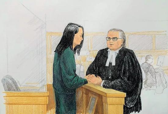 　12月10日，关于孟晚舟的第二场保释听证会法庭现场绘画实录。图/视觉中国