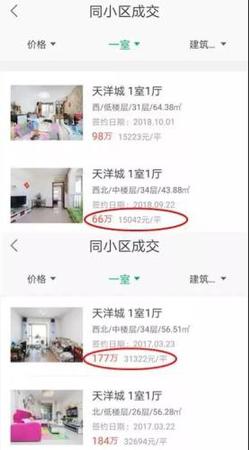 与2017年3月相比，燕郊天洋城房价已经“腰斩”。图片来源：链家APP截图