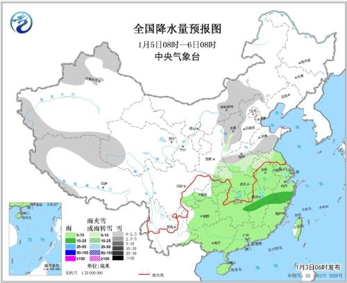 全国降水量预报图(1月5日08时-6日08时) 全国降水量预报图(1月5日08时-6日08时)
