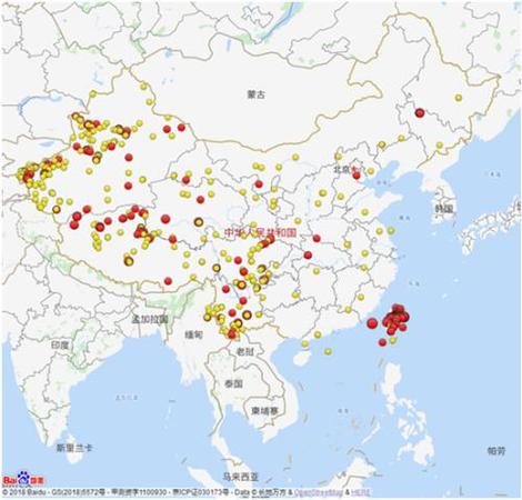 2018年全国3级及以上地震分布图(四级以上红色标注)。图片来源：中国地震台网微信公众号
