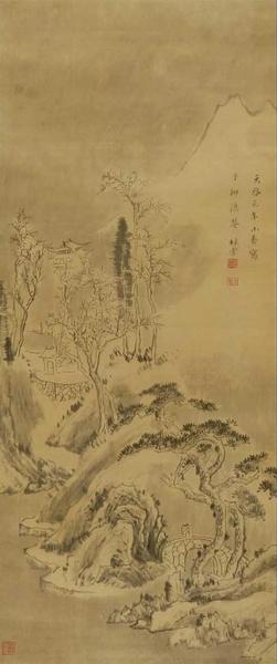 图7 林雪 雪景寒林图 绫本 墨笔 纵87厘米 横37厘米  1621年  浙江省博物馆