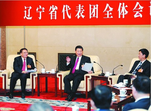 3月6日，中共中央总书记、中共中央军委主席习近平参加十二届全国人大一次会议辽宁代表团的审议。 新华社发