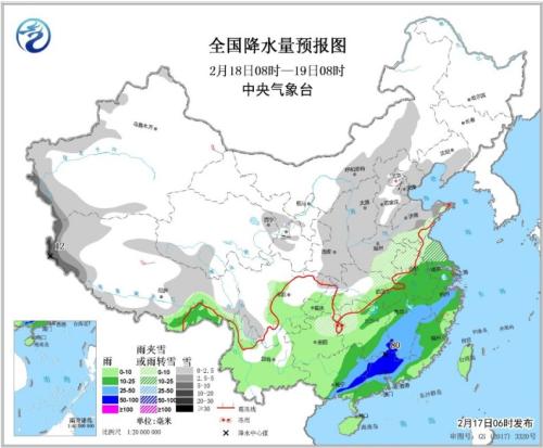 全国降水量预报图(2月18日08时-19日08时) 点击进入下一页