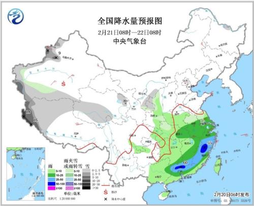 全国降水量预报图(2月21日08时-22日08时) 点击进入下一页