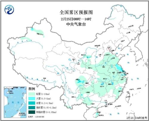 全国雾区预报图(2月25日08时-14时) 点击进入下一页