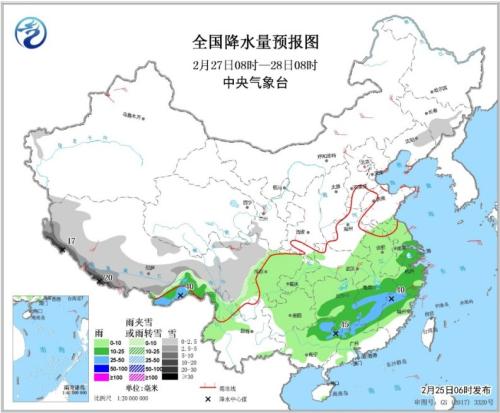 全国降水量预报图(2月27日08时-28日08时) 点击进入下一页