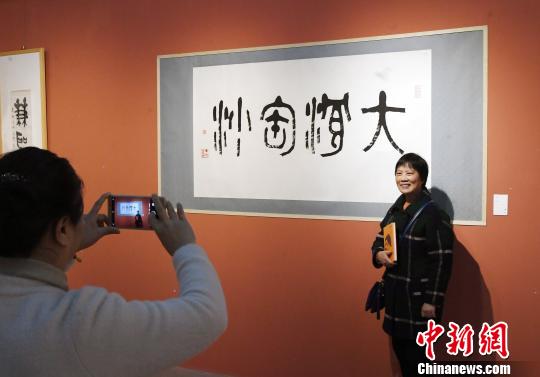 “思入风云笔翻江海——丁仃书画艺术回顾展”在福州的福建省画院开幕，吸引观众在作品前留影?！〖钦吡蹩筛?摄