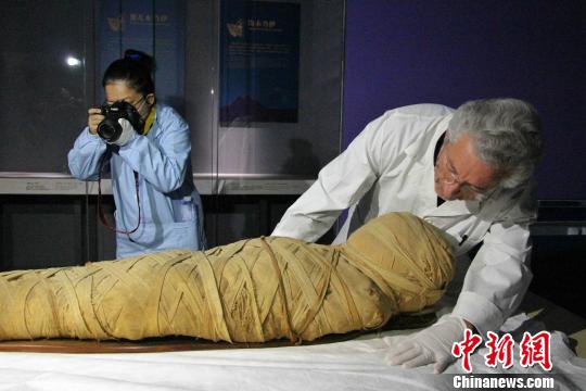 图为“不朽之旅——古埃及人的生命观”特展开箱布展现场，专家正在对文物进行点交?！≌韵?摄