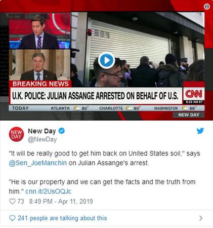 阿桑奇被捕后美议员欢呼:现在他是我们的财产了