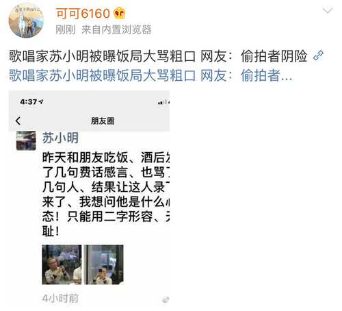 歌唱家苏小明被曝饭局上大爆粗口 网友:偷拍者小人
