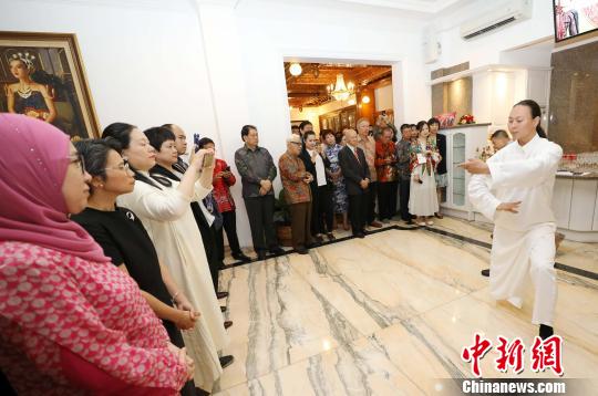 图为当晚在中国驻东盟大使官邸举办的“中国民俗文化之夜”，各国外交官和嘉宾观看太极拳表演?！×钟来?摄