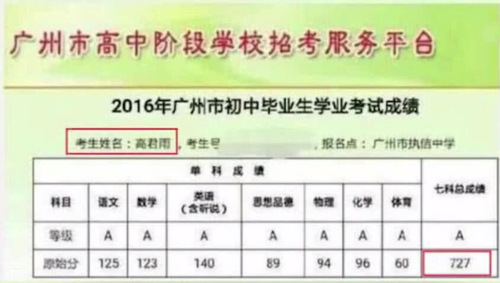 点击查看大图 “点读机女孩”高君雨高考成绩曝光 超本科录取线163分