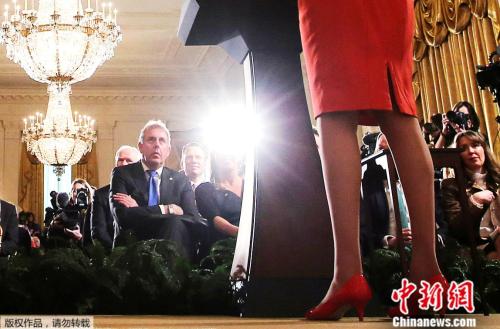 资料图：2017年1月27日，美国总统特朗普和英国首相特蕾莎在白宫举行联合新闻发布会，英国驻美国大使金·达罗克在一旁聆听。