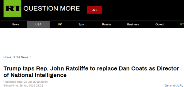 美国家情报总监将离职 特朗普高兴宣布新人提名