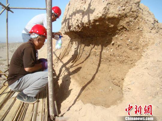 图为工作人员正在给长城“治病”，实施?；の?。(资料图) 钟欣 摄