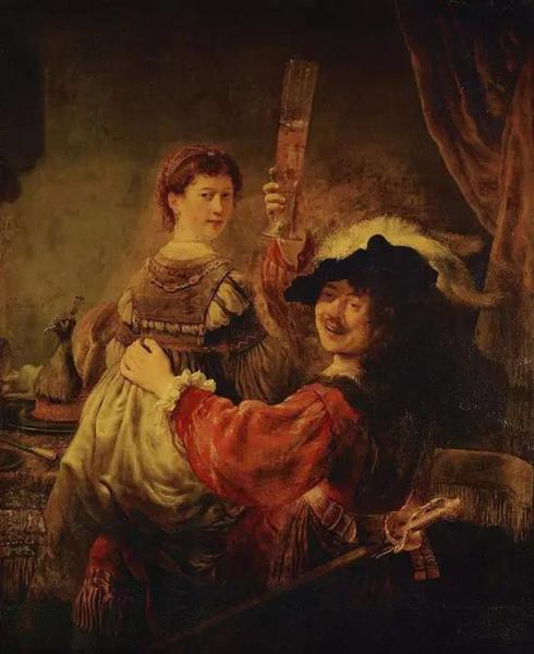伦勃朗《扮作败家子的伦勃朗和莎斯姬亚》