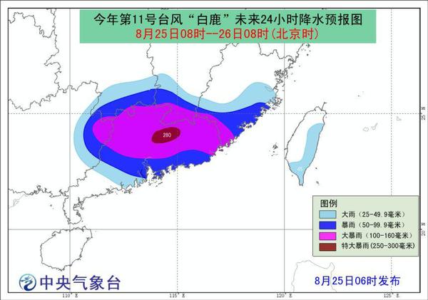 图2今年第11号台风“白鹿”未来24小时降水预报图 图2今年第11号台风“白鹿”未来24小时降水预报图