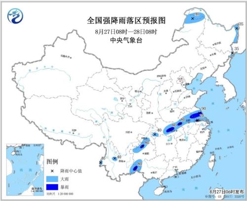 全国强降雨落区预报图(8月27日8时-28日8时) 点击进入下一页