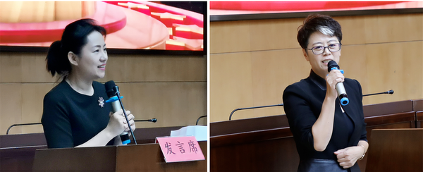 民盟中央妇女委员会委员、民盟北京市朝阳区委专职副主委陈巴黎（左）、总创意暨总导演金姝慧（右）与会发言。民朝 摄影