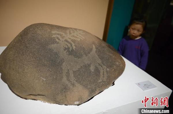 图为小朋友观看青铜时代名为“雄鹿、羊”的岩画。　刘文华 摄