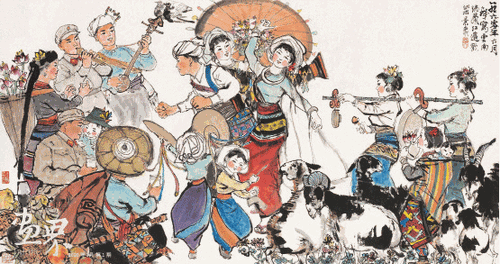 云南瑞丽江边欢乐景象-程十发 云南瑞丽江边欢乐景象-程十发