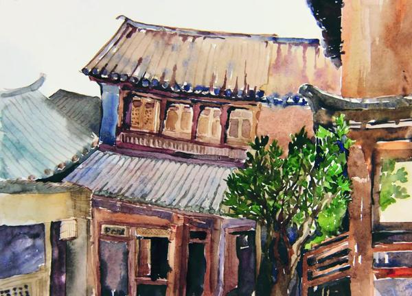 刘立宇  喜洲小院  水彩  26×36cm
