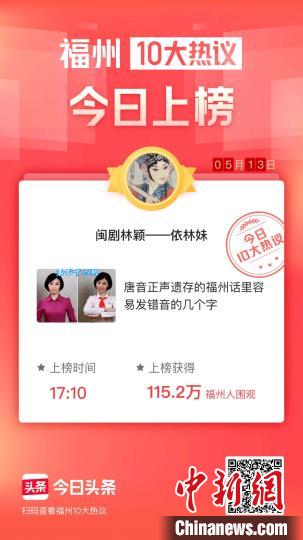 “非遗”闽剧传承人、一级演员林颖推出的抖音短视频已有三次登上头条“福州十大热议”榜?！〕滦∧?摄