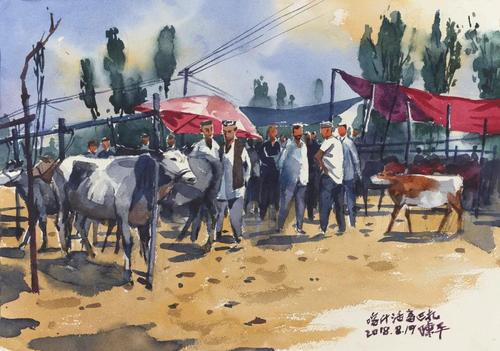陈平 喀什活畜巴扎 纸本水彩 35.5×51cm 2018 年